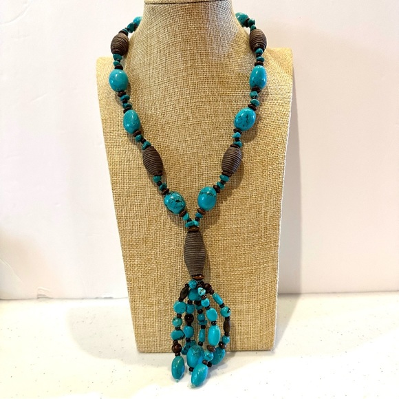Coldwater Creek Boho Statement Necklace Faux Turquoise-dyed howlite stone lariat - Picture 1 of 13